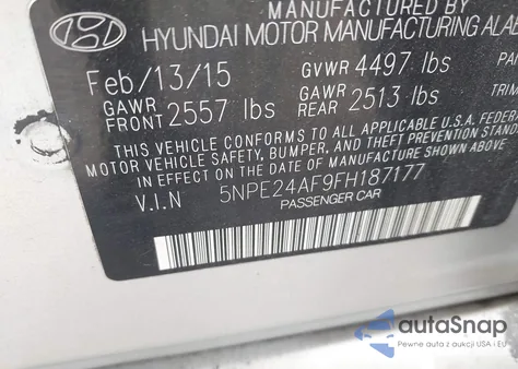 2015 Hyundai Sonata Se z USA, uszkodzony, nr VIN 5NPE24AF9FH187177